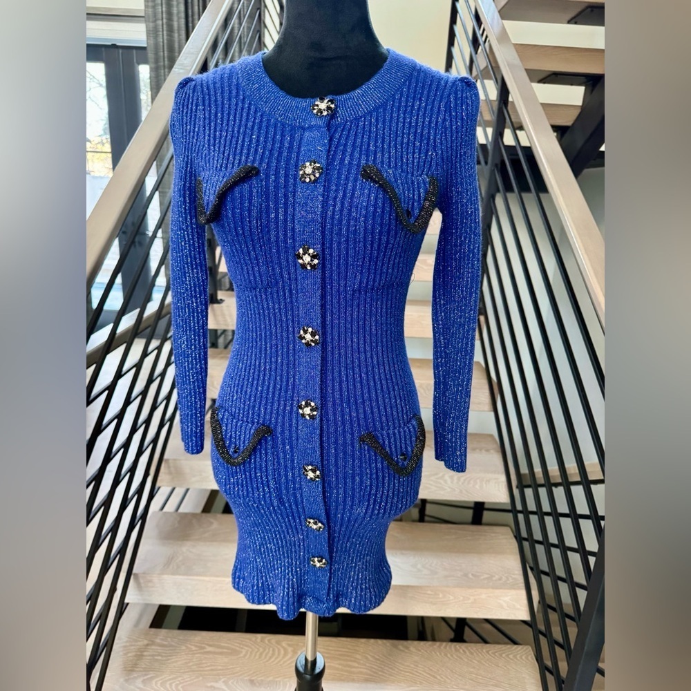 New Shimmery and Chic Blue Knit Dress size S - Picture 3 of 9